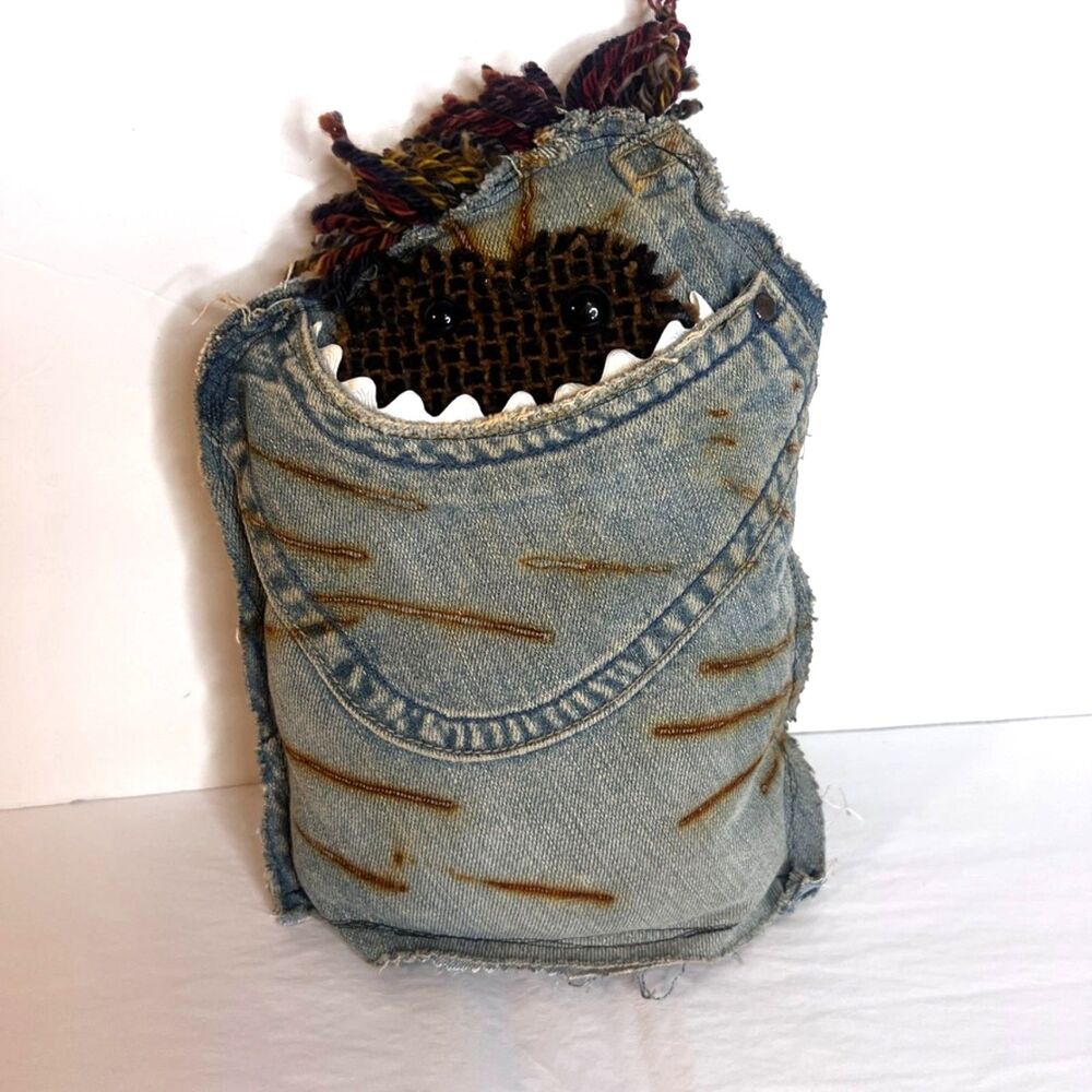 Handmade Denim Jean Pocket Monster "Mump Grump" Plush Pillow Tooth Fairy Pillow